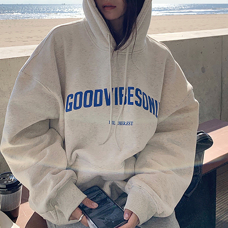 Fleece-lined hooded sweater women's autumn and winter New loose letter print Korean style fashionable student coat long sleeve top fashion