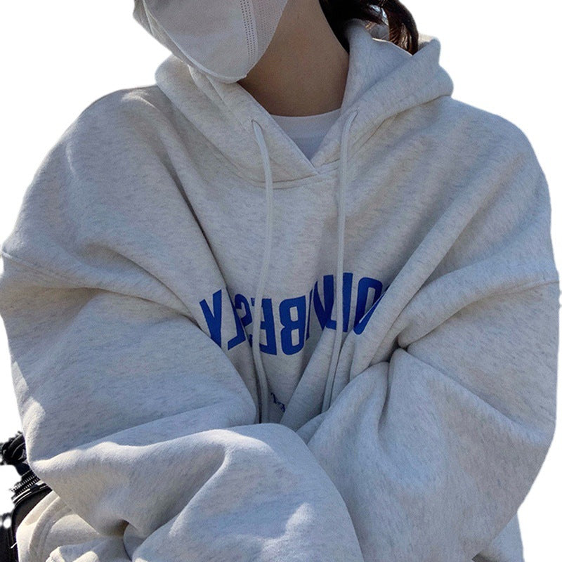 Fleece-lined hooded sweater women's autumn and winter New loose letter print Korean style fashionable student coat long sleeve top fashion