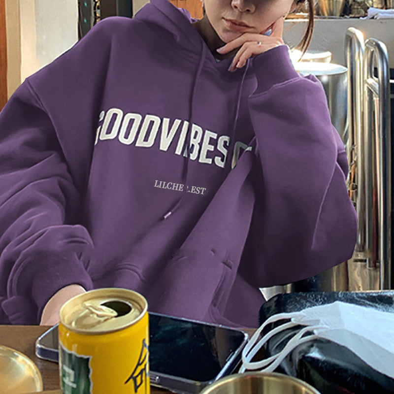 Fleece-lined hooded sweater women's autumn and winter New loose letter print Korean style fashionable student coat long sleeve top fashion