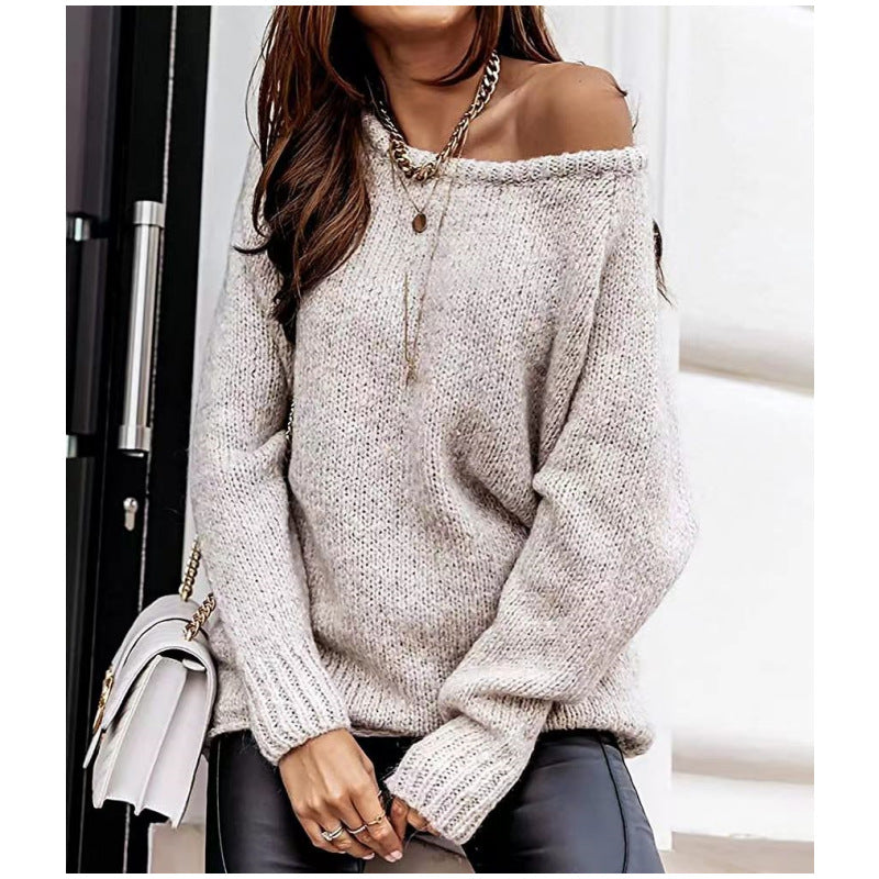 Cross-Border Amazon Autumn and Winter Off-Shoulder Sexy Round Neck Pullover Sweater Solid Color Casual Loose Large Size Sweater for Women