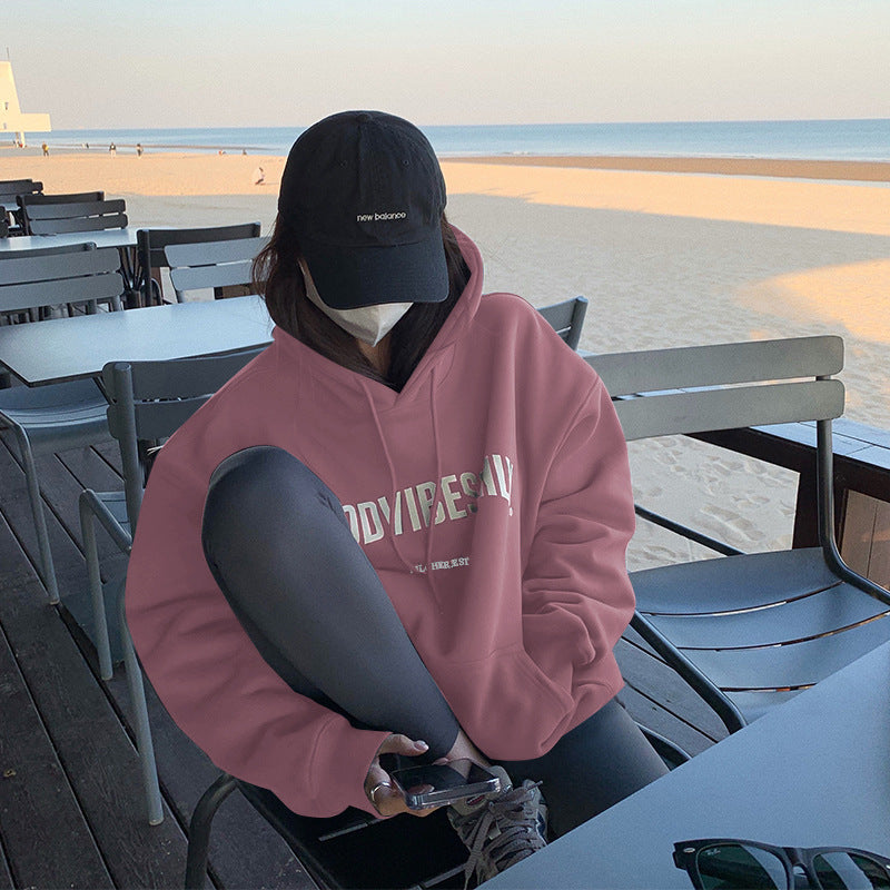 Fleece-lined hooded sweater women's autumn and winter New loose letter print Korean style fashionable student coat long sleeve top fashion