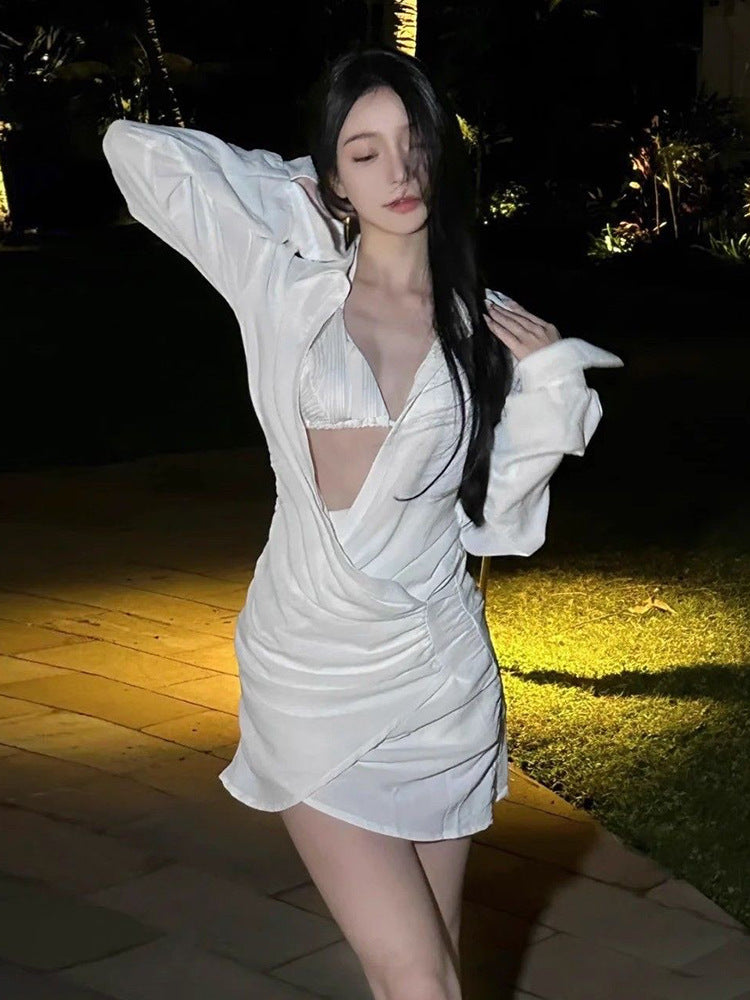 Ins Seaside Beach Vacation Bikini Shirt Dress Swimsuit Women's Three-Piece Set to Cover Belly Internet Celebrity Small Breasts Popular Summer