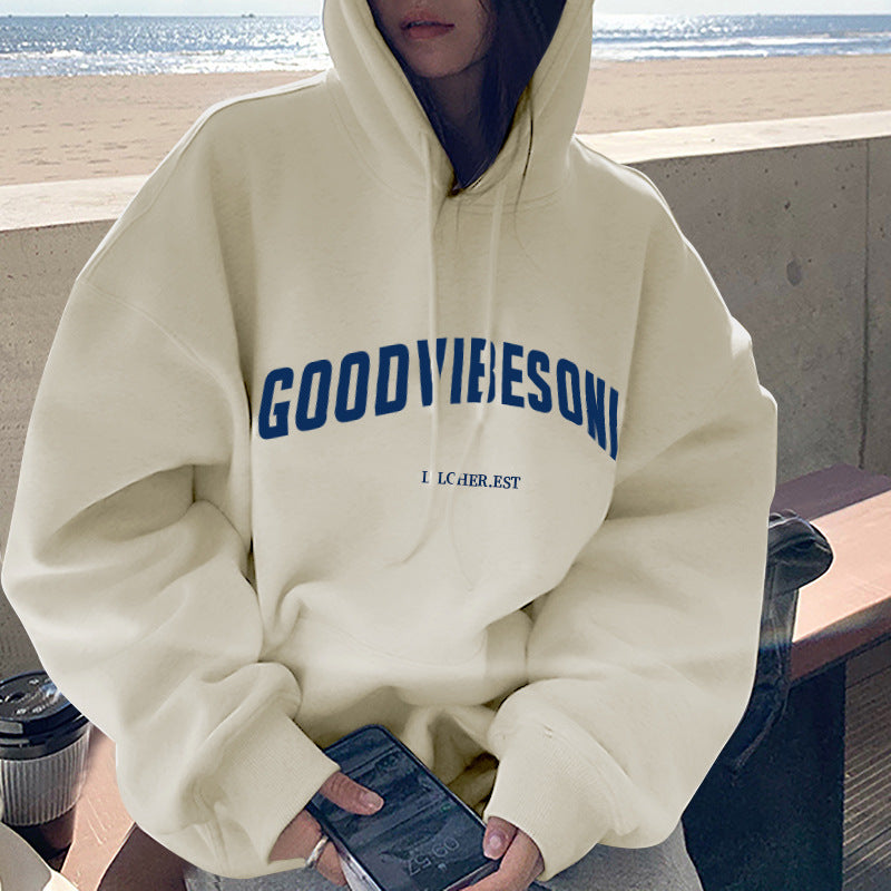 Fleece-lined hooded sweater women's autumn and winter New loose letter print Korean style fashionable student coat long sleeve top fashion