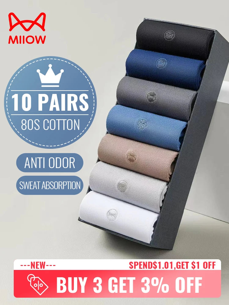 MiiOW 100% Pure Cotton Socks Men Black White Business Dress Long Sock Antibacterial Anti Odor Crew Socks Breathable Sport Sock