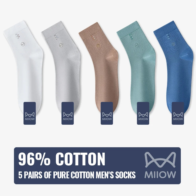 MiiOW 100% Pure Cotton Socks Men Black White Business Dress Long Sock Antibacterial Anti Odor Crew Socks Breathable Sport Sock