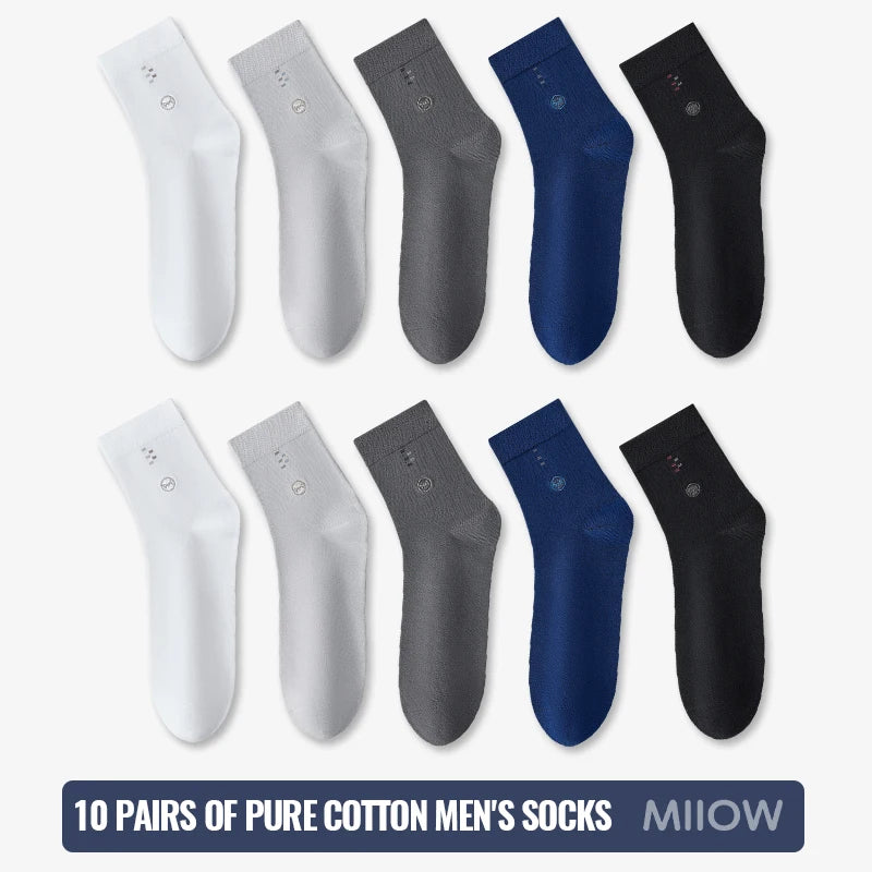 MiiOW 100% Pure Cotton Socks Men Black White Business Dress Long Sock Antibacterial Anti Odor Crew Socks Breathable Sport Sock
