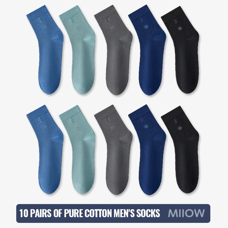 MiiOW 100% Pure Cotton Socks Men Black White Business Dress Long Sock Antibacterial Anti Odor Crew Socks Breathable Sport Sock