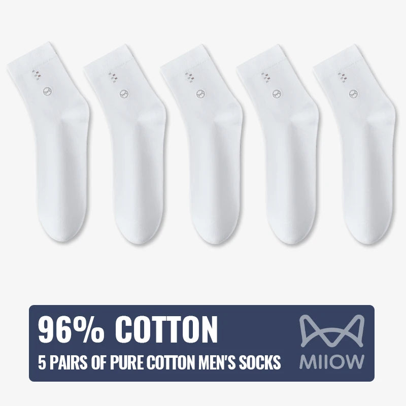 MiiOW 100% Pure Cotton Socks Men Black White Business Dress Long Sock Antibacterial Anti Odor Crew Socks Breathable Sport Sock