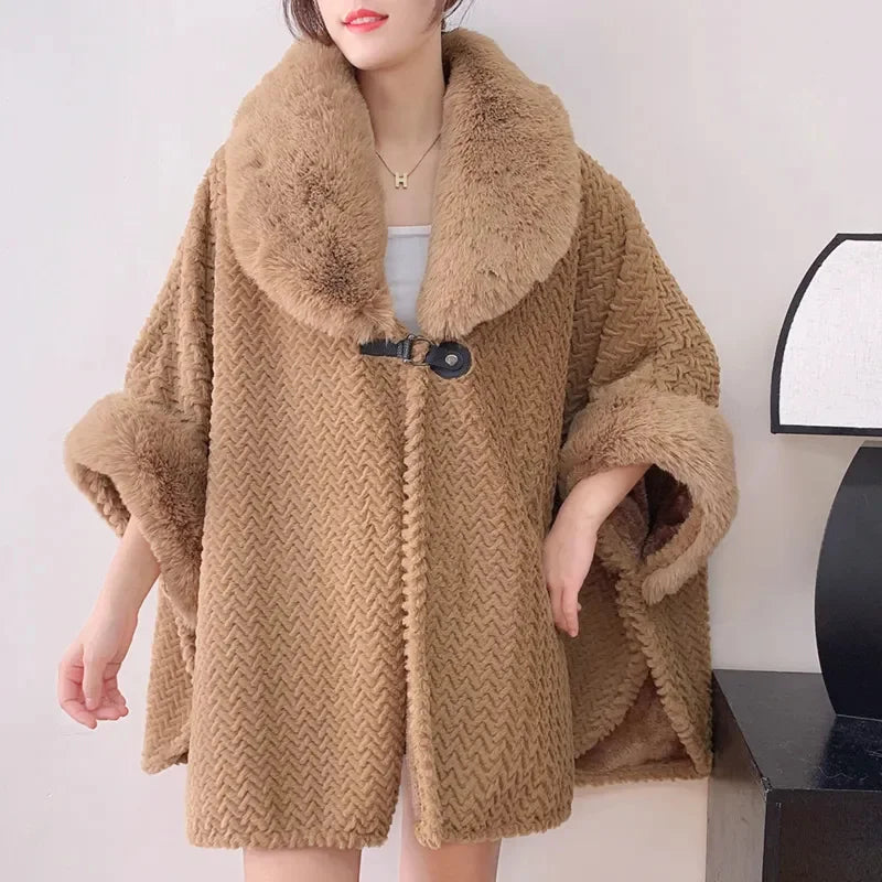 Large Fur Collar Shawl for Women in Winter 2023 Shenzhen European Popular Mid Length Cape Thickened Cape Christmas Year Fur Coat