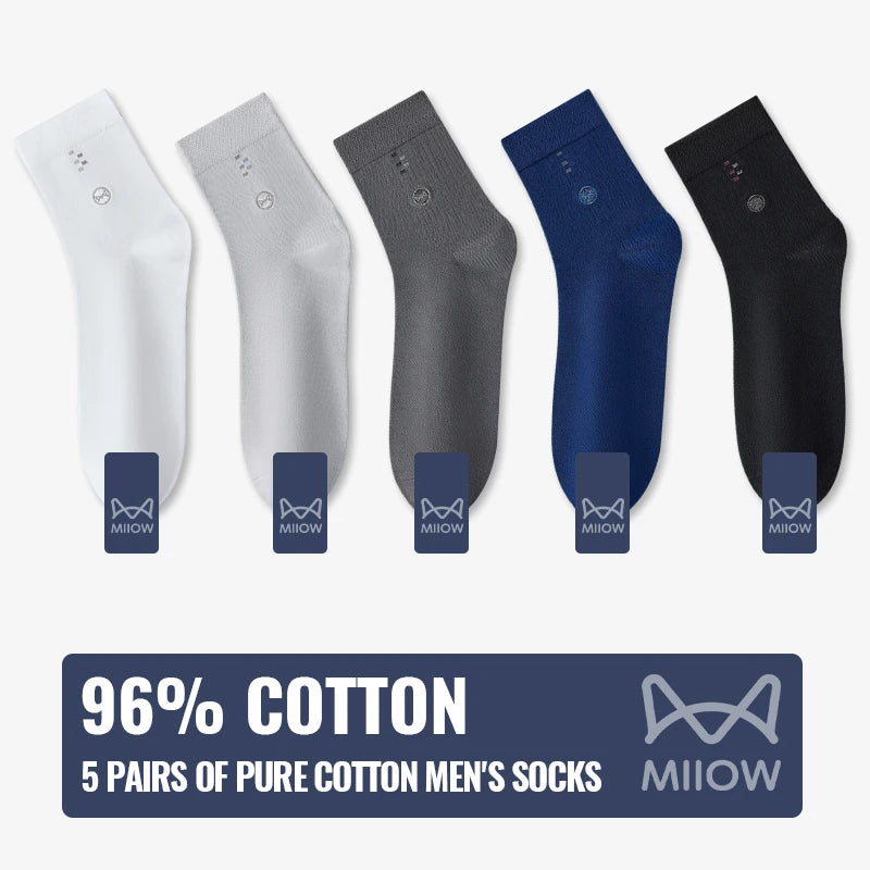 MiiOW 100% Pure Cotton Socks Men Black White Business Dress Long Sock Antibacterial Anti Odor Crew Socks Breathable Sport Sock