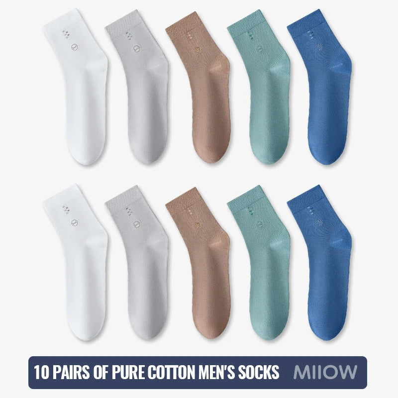 MiiOW 100% Pure Cotton Socks Men Black White Business Dress Long Sock Antibacterial Anti Odor Crew Socks Breathable Sport Sock