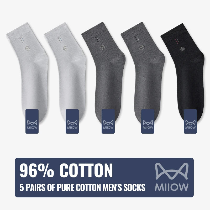 MiiOW 100% Pure Cotton Socks Men Black White Business Dress Long Sock Antibacterial Anti Odor Crew Socks Breathable Sport Sock