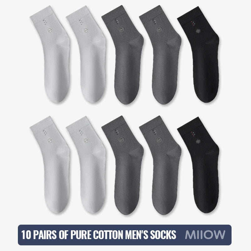 MiiOW 100% Pure Cotton Socks Men Black White Business Dress Long Sock Antibacterial Anti Odor Crew Socks Breathable Sport Sock