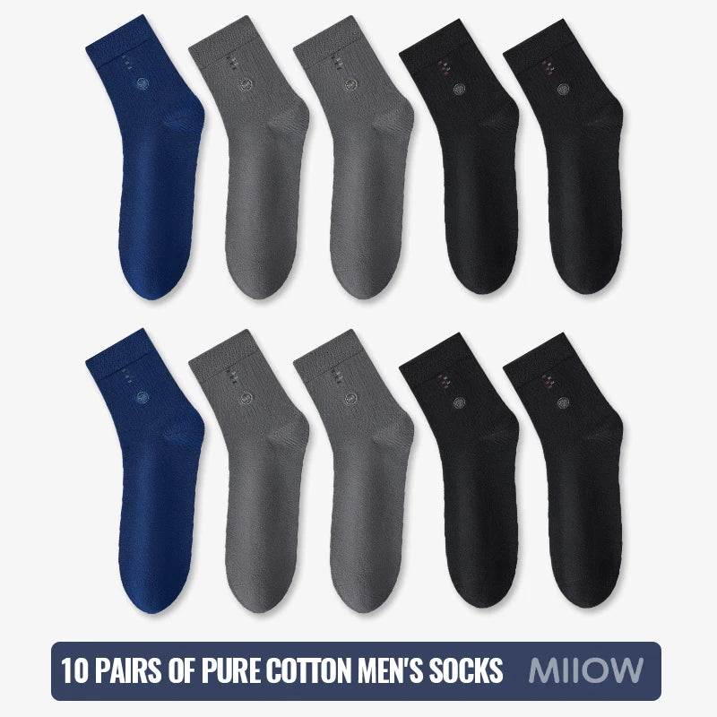 MiiOW 100% Pure Cotton Socks Men Black White Business Dress Long Sock Antibacterial Anti Odor Crew Socks Breathable Sport Sock