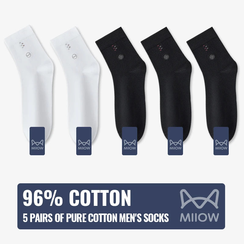 MiiOW 100% Pure Cotton Socks Men Black White Business Dress Long Sock Antibacterial Anti Odor Crew Socks Breathable Sport Sock