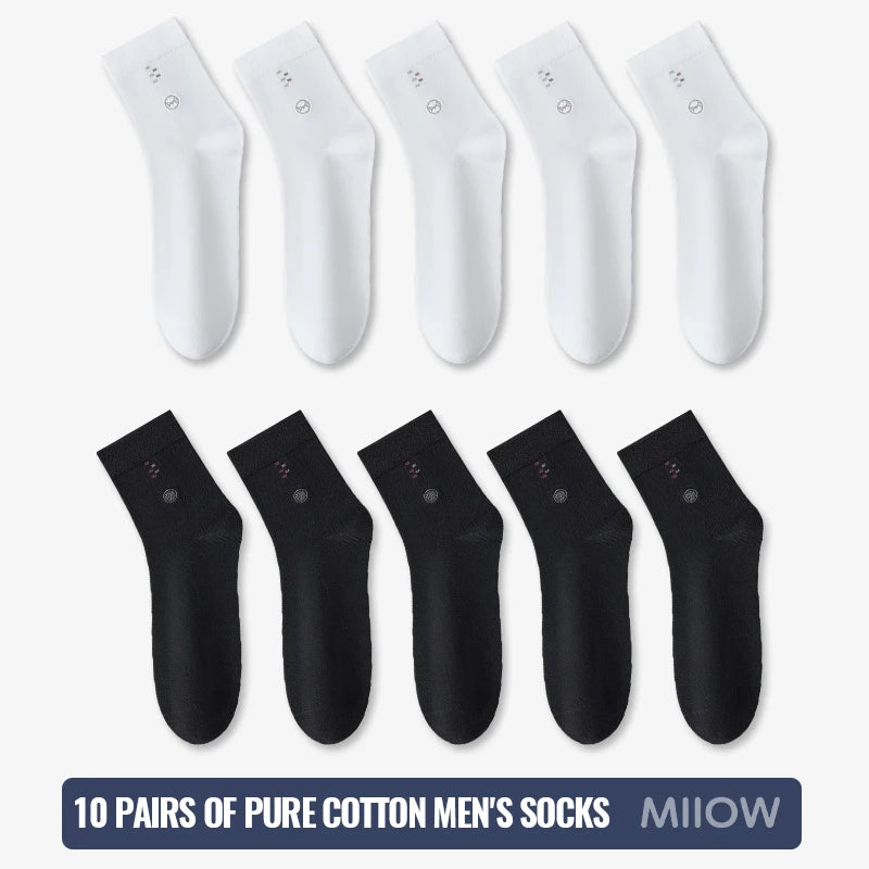 MiiOW 100% Pure Cotton Socks Men Black White Business Dress Long Sock Antibacterial Anti Odor Crew Socks Breathable Sport Sock