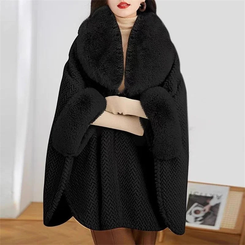 Large Fur Collar Shawl for Women in Winter 2023 Shenzhen European Popular Mid Length Cape Thickened Cape Christmas Year Fur Coat
