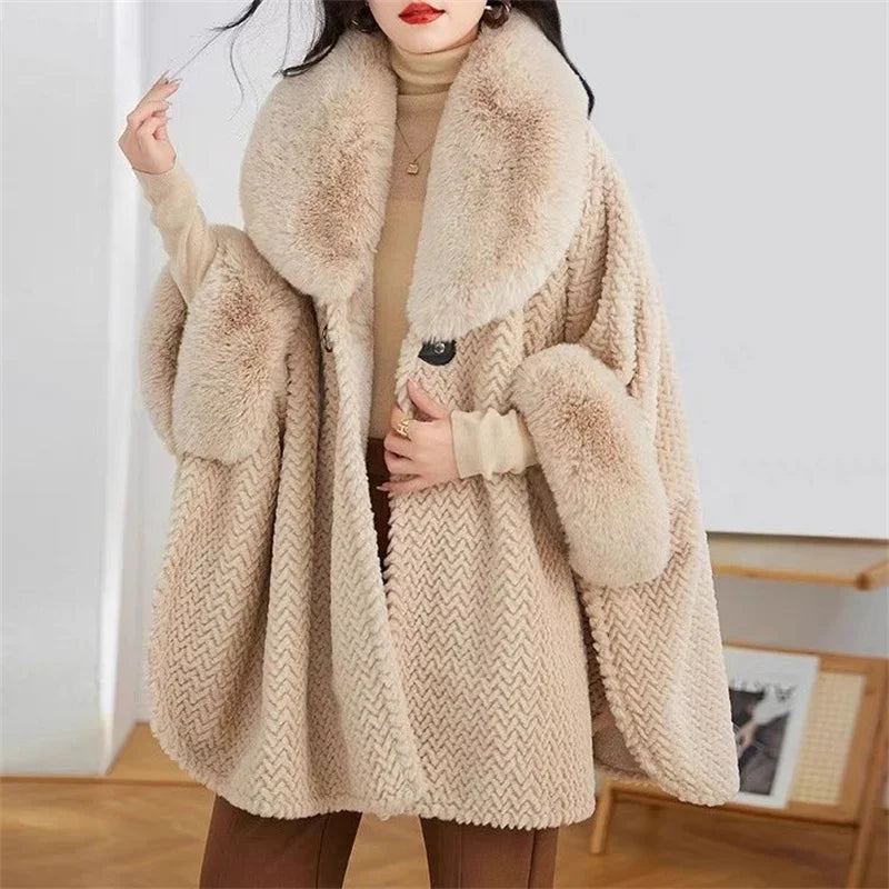 Large Fur Collar Shawl for Women in Winter 2023 Shenzhen European Popular Mid Length Cape Thickened Cape Christmas Year Fur Coat
