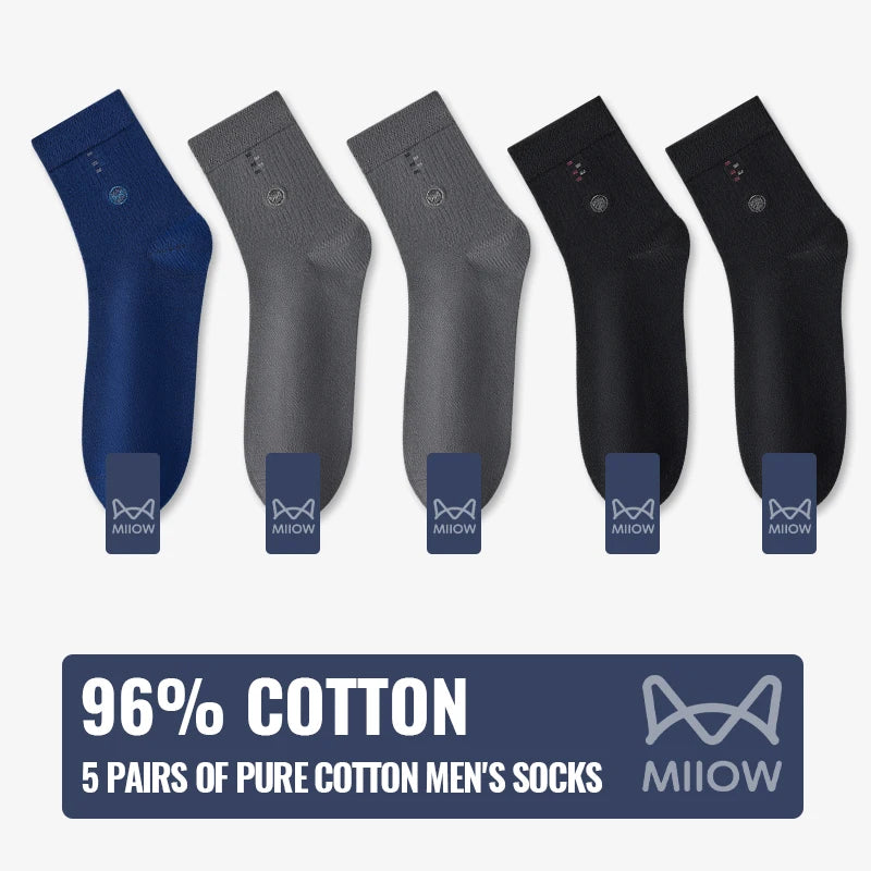 MiiOW 100% Pure Cotton Socks Men Black White Business Dress Long Sock Antibacterial Anti Odor Crew Socks Breathable Sport Sock