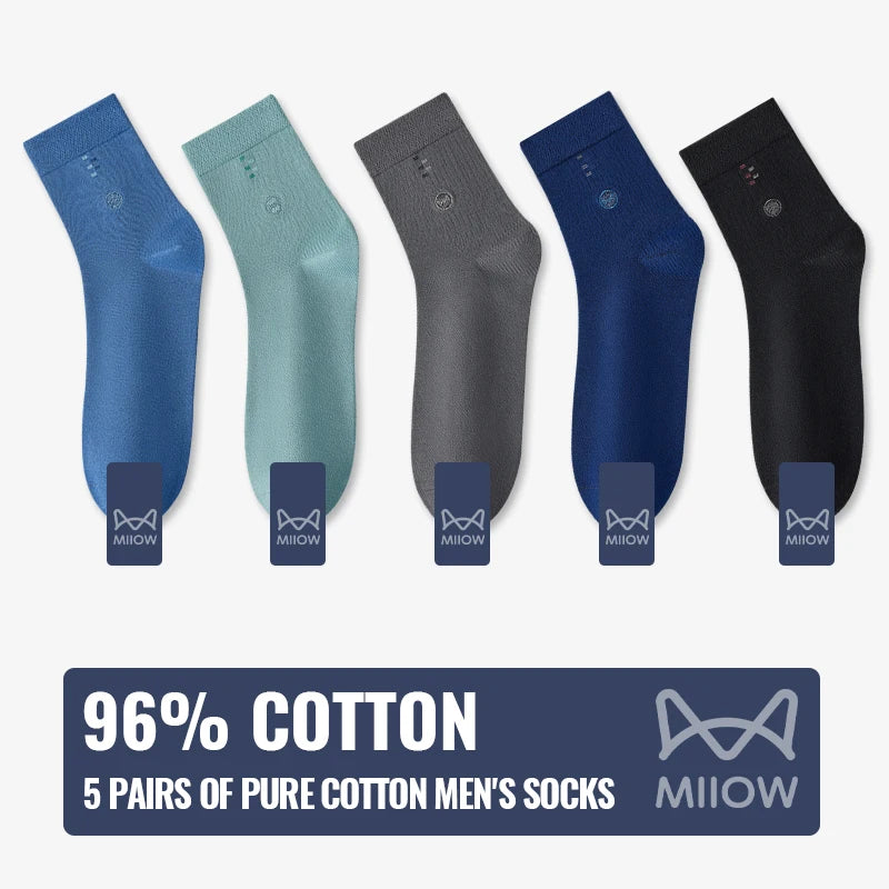MiiOW 100% Pure Cotton Socks Men Black White Business Dress Long Sock Antibacterial Anti Odor Crew Socks Breathable Sport Sock