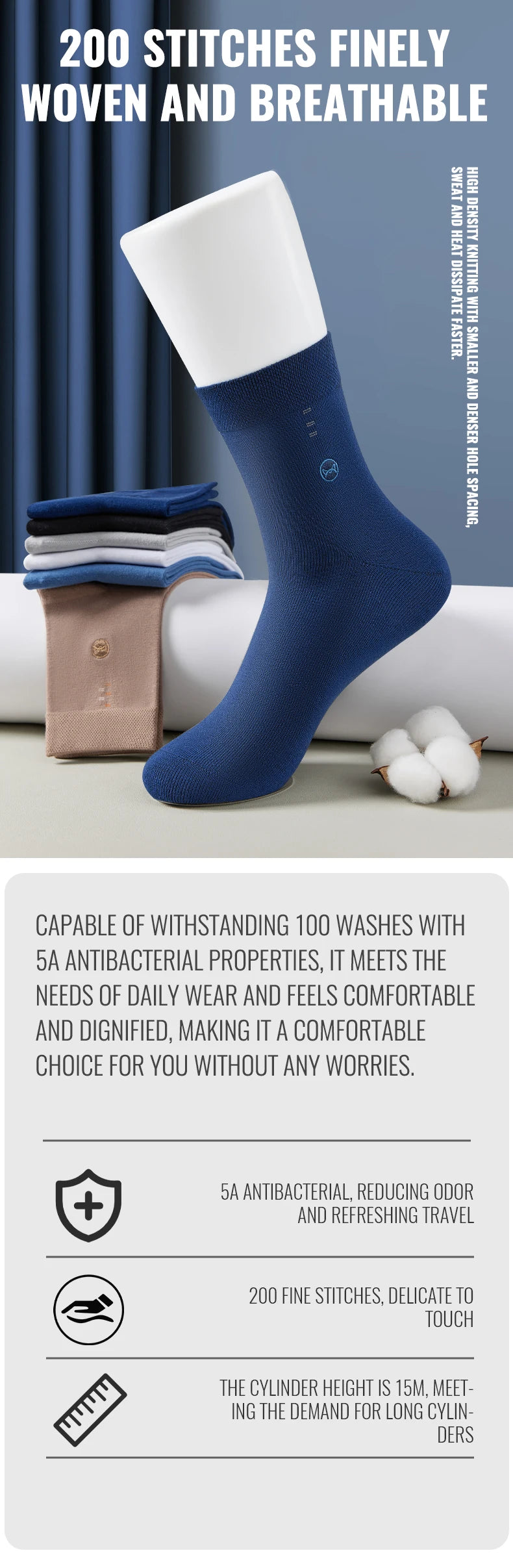MiiOW 100% Pure Cotton Socks Men Black White Business Dress Long Sock Antibacterial Anti Odor Crew Socks Breathable Sport Sock
